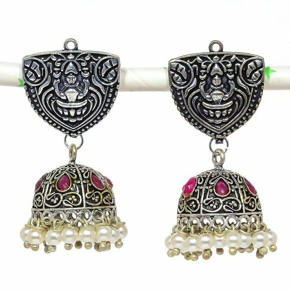 Jewelry - Indian Look Jhumki Gemstone Handmade Silver Tribal Bali Jewelry Earring 2.17"